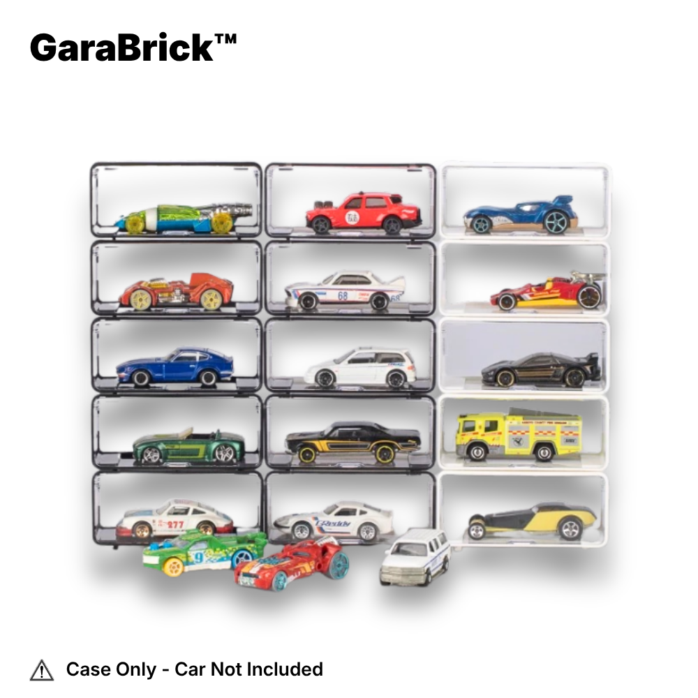 GaraBrick toy car display case with various toy cars on a white background