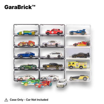 GaraBrick toy car display case with various toy cars on a white background