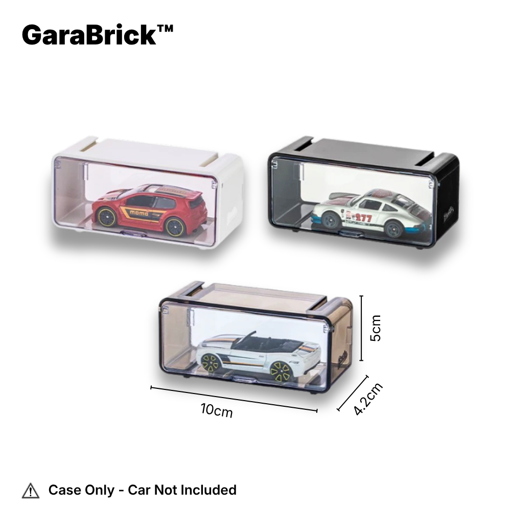 GaraBrick toy car display case with various toy cars on a white background