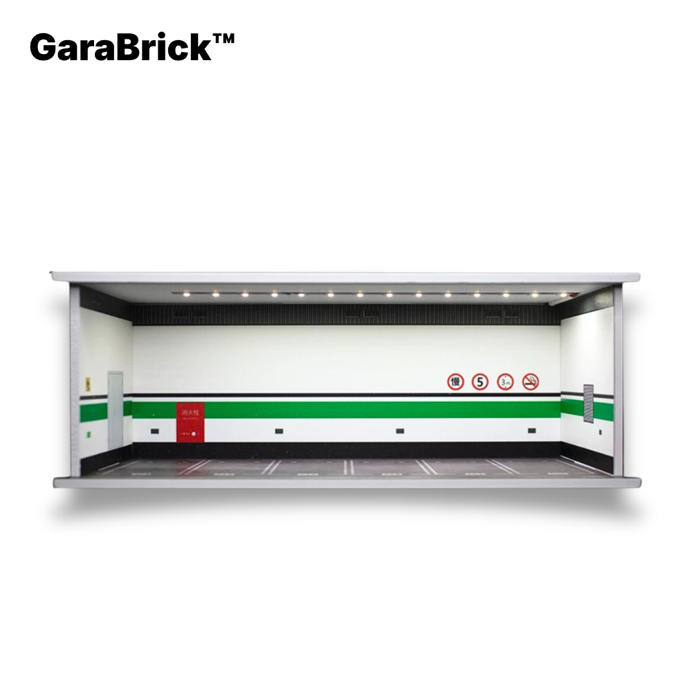1:64 LED Garage Diorama - Illuminated Parking Lot Display Case with Racing Themes