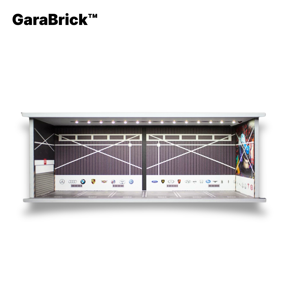 1:64 LED Garage Diorama - Illuminated Parking Lot Display Case with Racing Themes