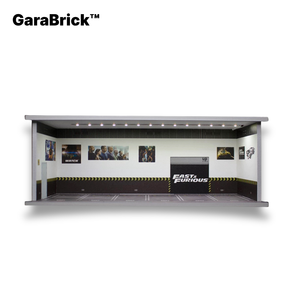 1:64 LED Garage Diorama - Illuminated Parking Lot Display Case with Racing Themes