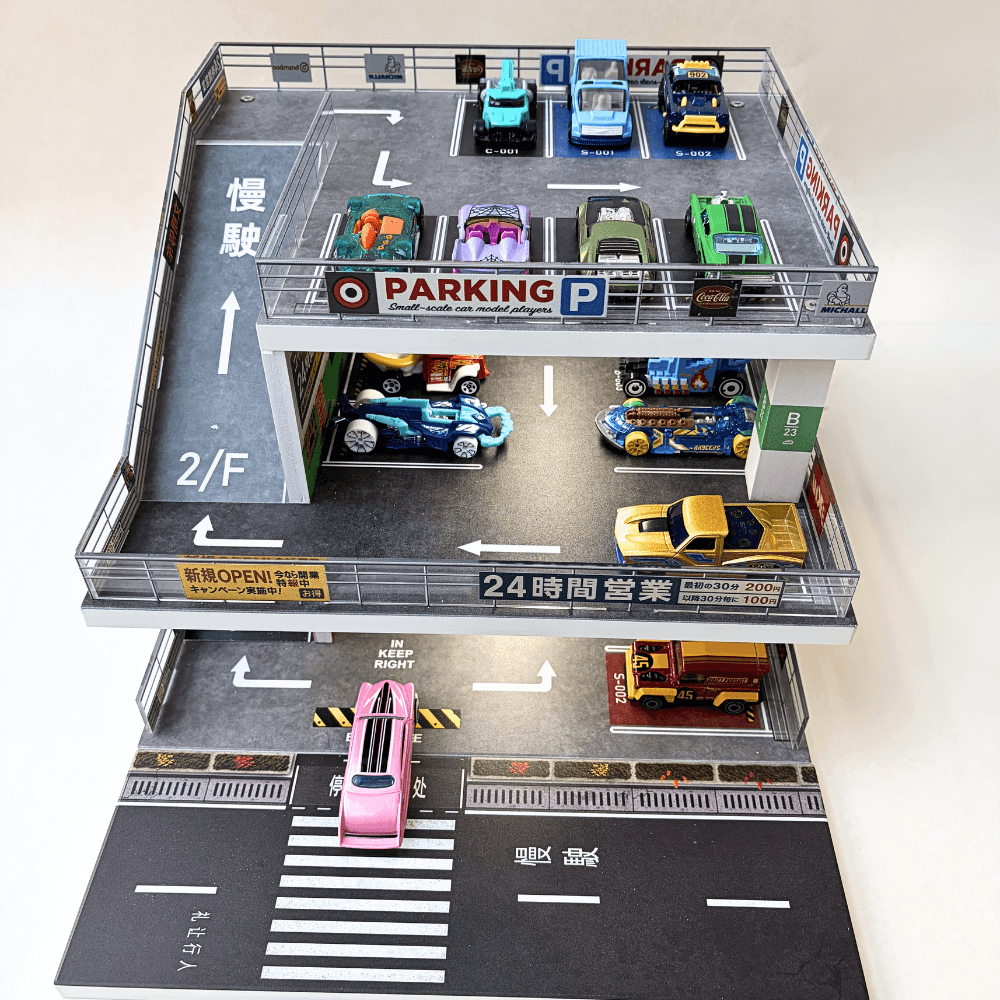 GaraBrick™ 1/64 LED Japanese Multi-Level Parking Lot, 3-Tier JDM Ramp Garage Diorama