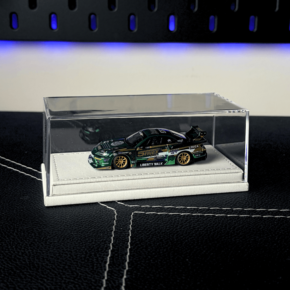 Universal 1/64 Model Car Display Box - Premium Stitched Leatherette Base Acrylic Protector Case (Single Slot)