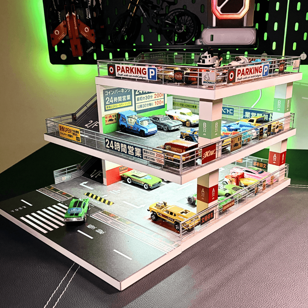 GaraBrick™ 1/64 LED Japanese Multi-Level Parking Lot, 3-Tier JDM Ramp Garage Diorama