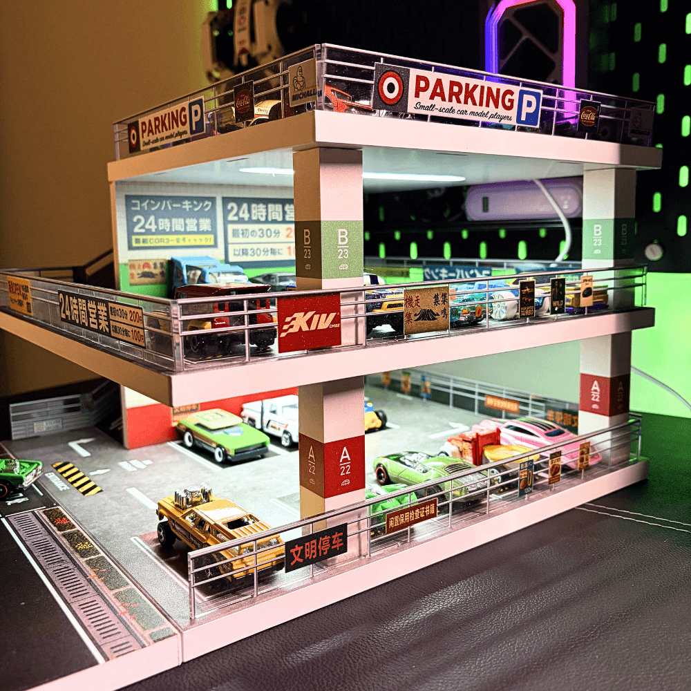 GaraBrick™ 1/64 LED Japanese Multi-Level Parking Lot, 3-Tier JDM Ramp Garage Diorama