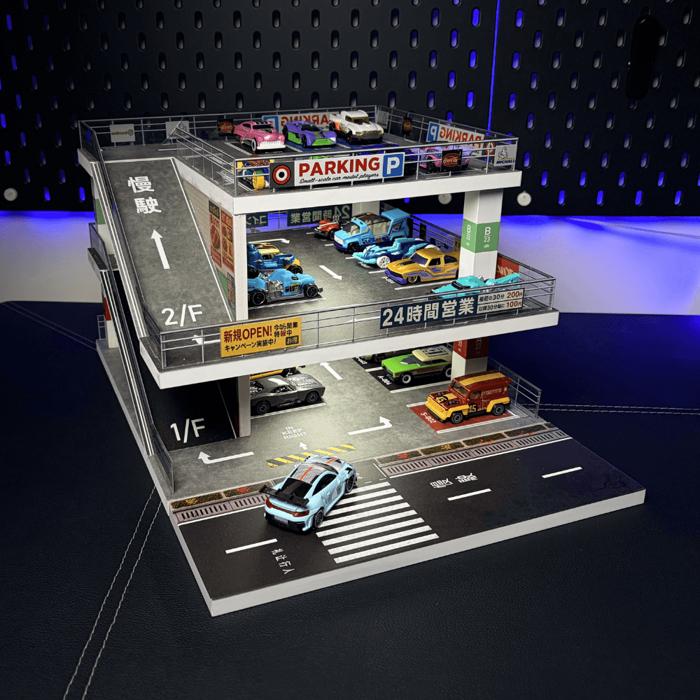 GaraBrick™ 1/64 LED Japanese Multi-Level Parking Lot, 3-Tier JDM Ramp Garage Diorama