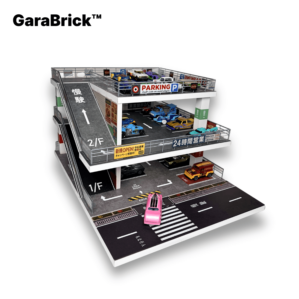 GaraBrick™ 1/64 LED Japanese Multi-Level Parking Lot, 3-Tier JDM Ramp Garage Diorama