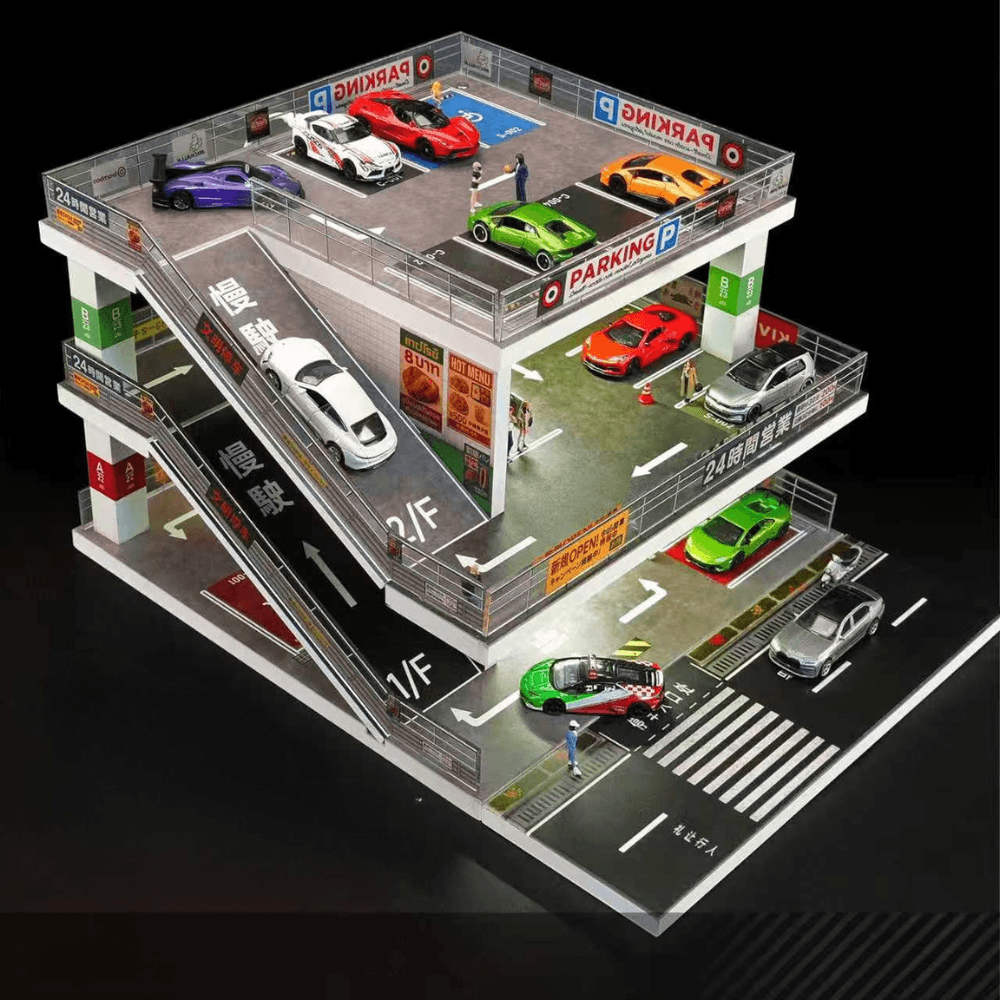 GaraBrick™ 1/64 LED Japanese Multi-Level Parking Lot, 3-Tier JDM Ramp Garage Diorama
