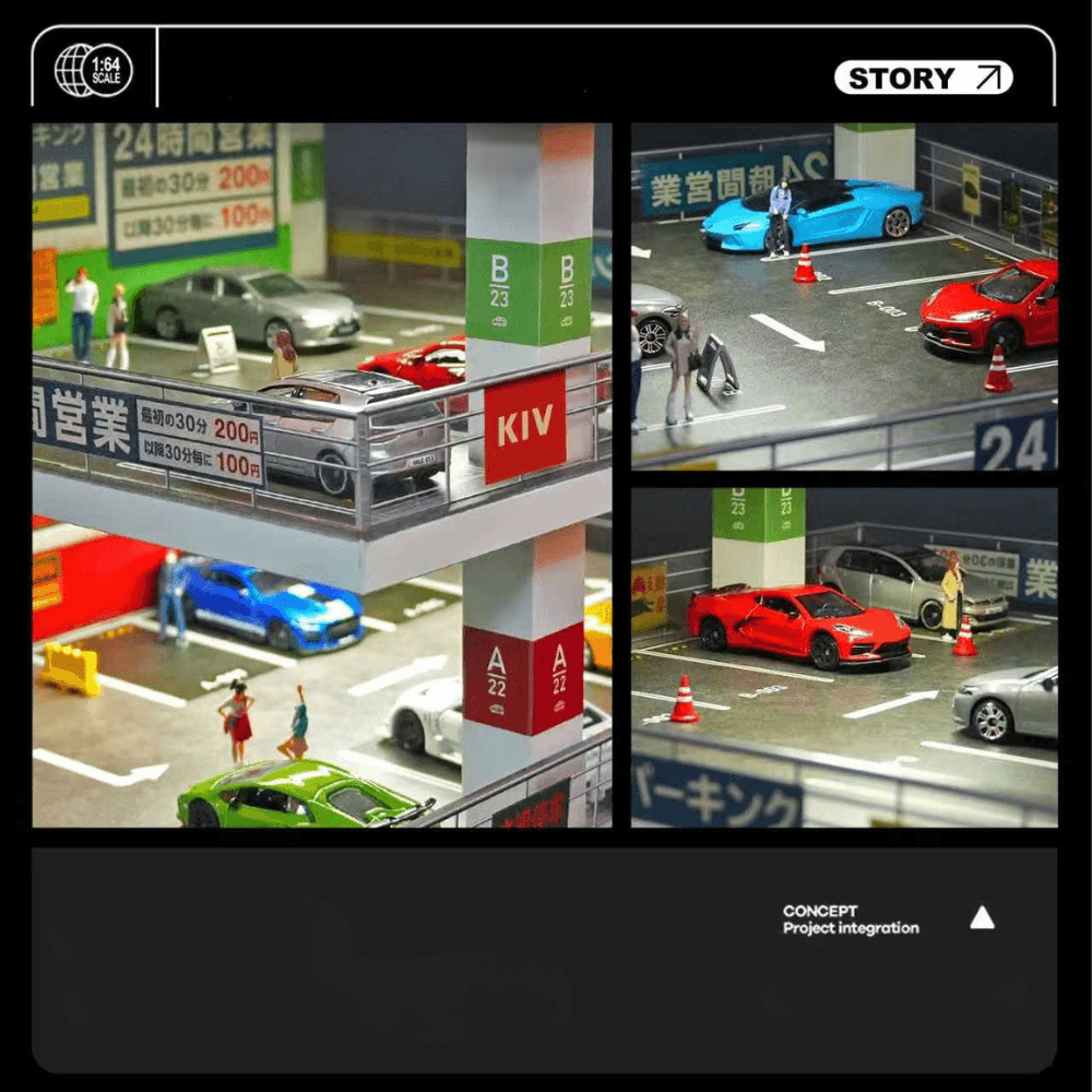 GaraBrick™ 1/64 LED Japanese Multi-Level Parking Lot, 3-Tier JDM Ramp Garage Diorama